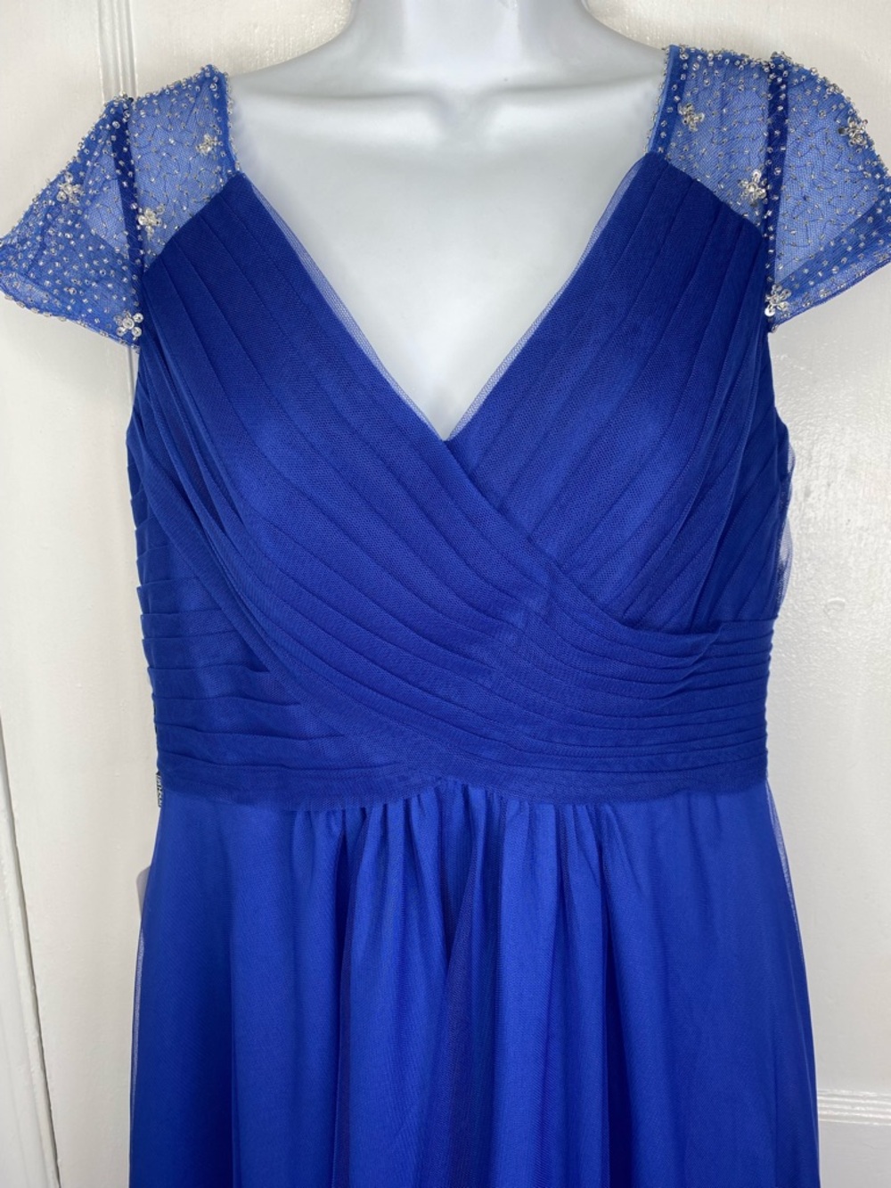 JJs House NWT Cobalt Royal Blue V-Neck Maxi with Beaded Cap Sleeves - Picture 2 of 8